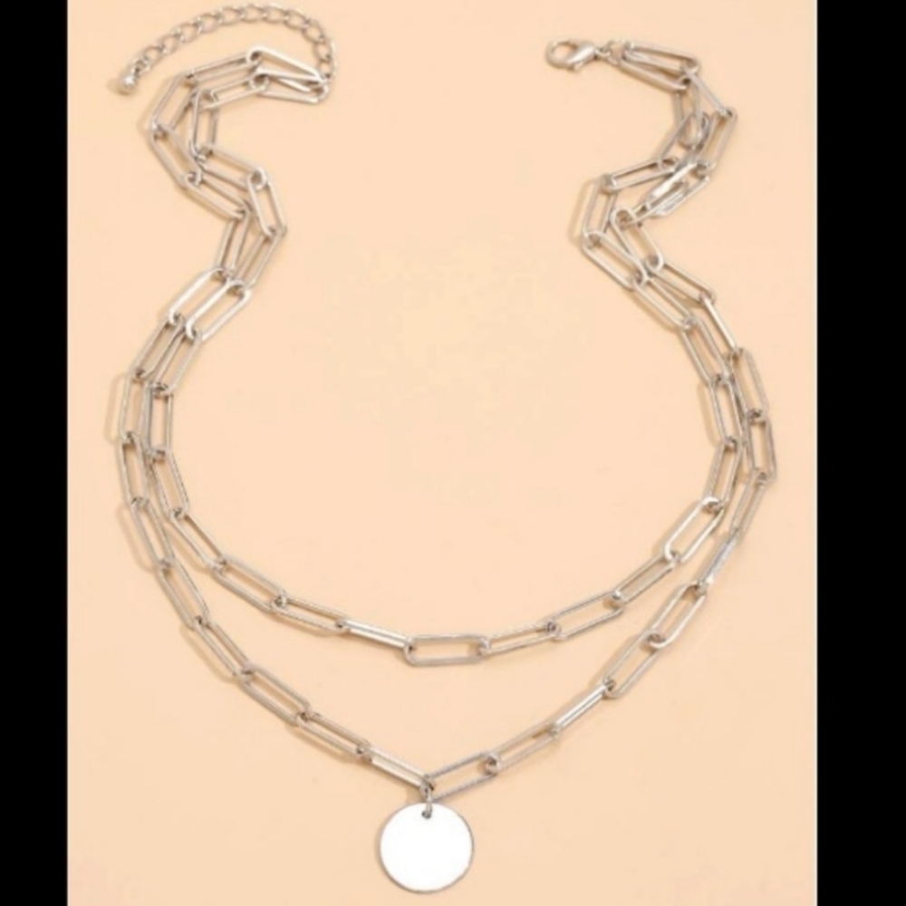 Paperclip Chain Link Coin Pendant Silver Necklace - Picture 2 of 3
